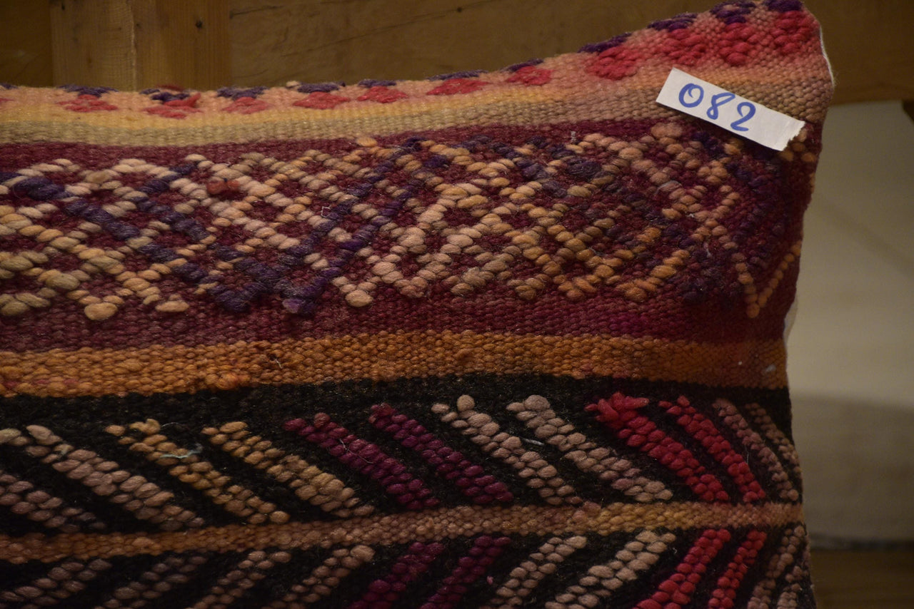 Two Hand-Woven Wool Kilim Lumbar Pillow, Geometric Berber Bohemian Textile Cushion Vintage