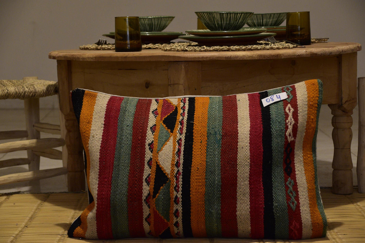 Two Hand-Woven Wool Kilim Lumbar Pillow, Colorful Striped Berber Cushion, Geometric Ethnic Textile Vintage