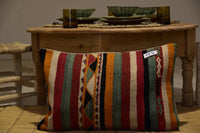 Two Hand-Woven Wool Kilim Lumbar Pillow, Colorful Striped Berber Cushion, Geometric Ethnic Textile Vintage