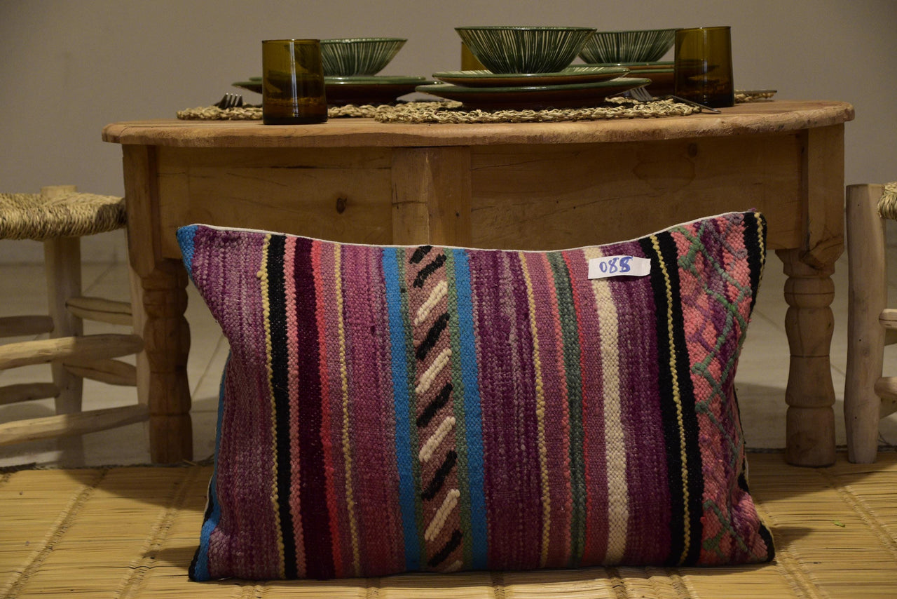 Two Hand-Woven Wool Kilim Lumbar Pillow, Bohemian Striped Berber Cushion, Ethnic Home Decor Vintage