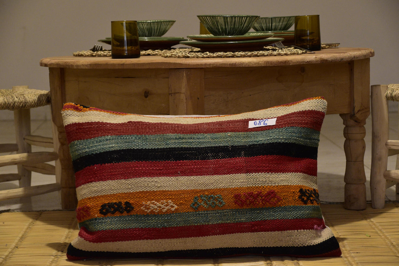 Two Hand-Woven Wool Kilim Lumbar Pillow, Geometric Berber Accent Cushion Vintage