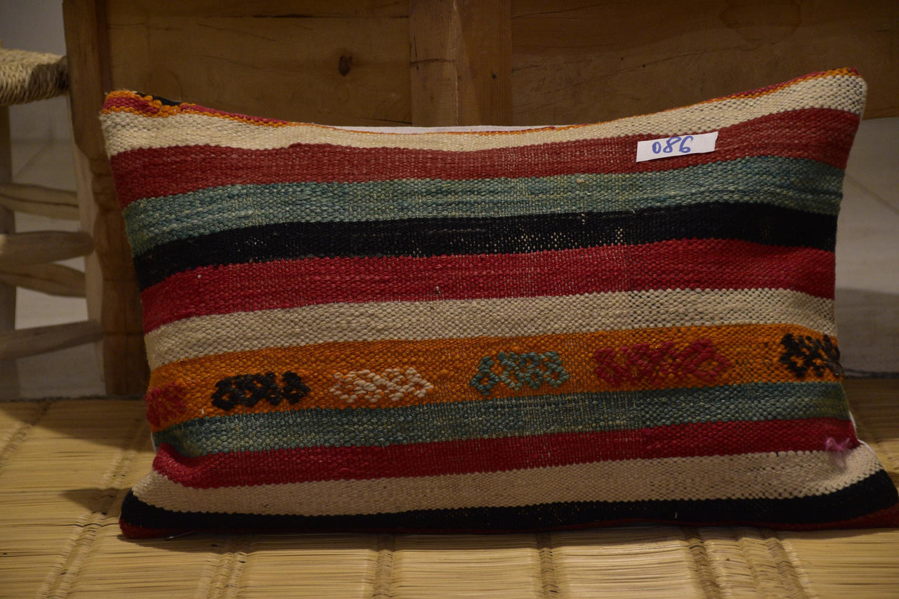 Two Hand-Woven Wool Kilim Lumbar Pillow, Geometric Berber Accent Cushion Vintage