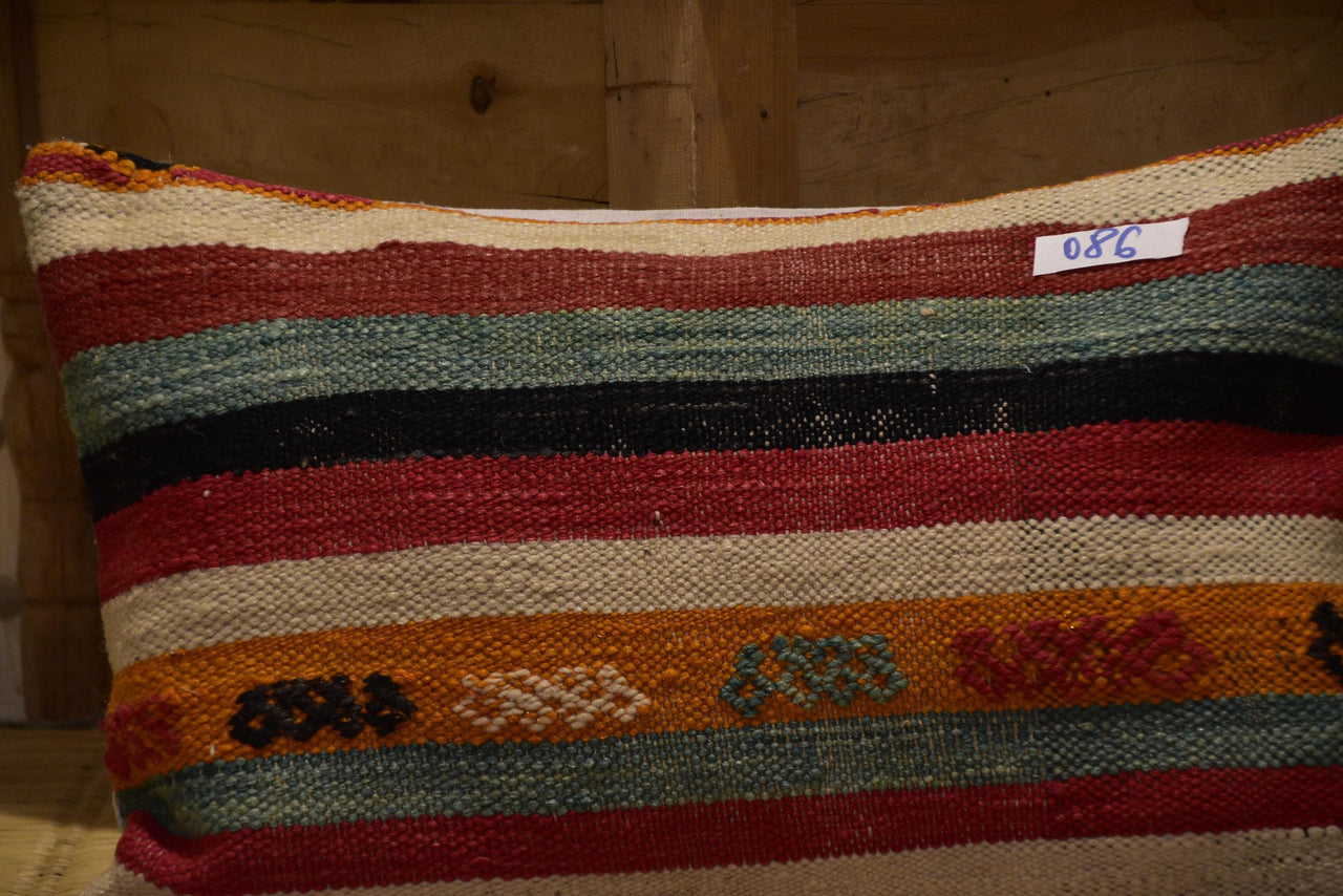Two Hand-Woven Wool Kilim Lumbar Pillow, Geometric Berber Accent Cushion Vintage