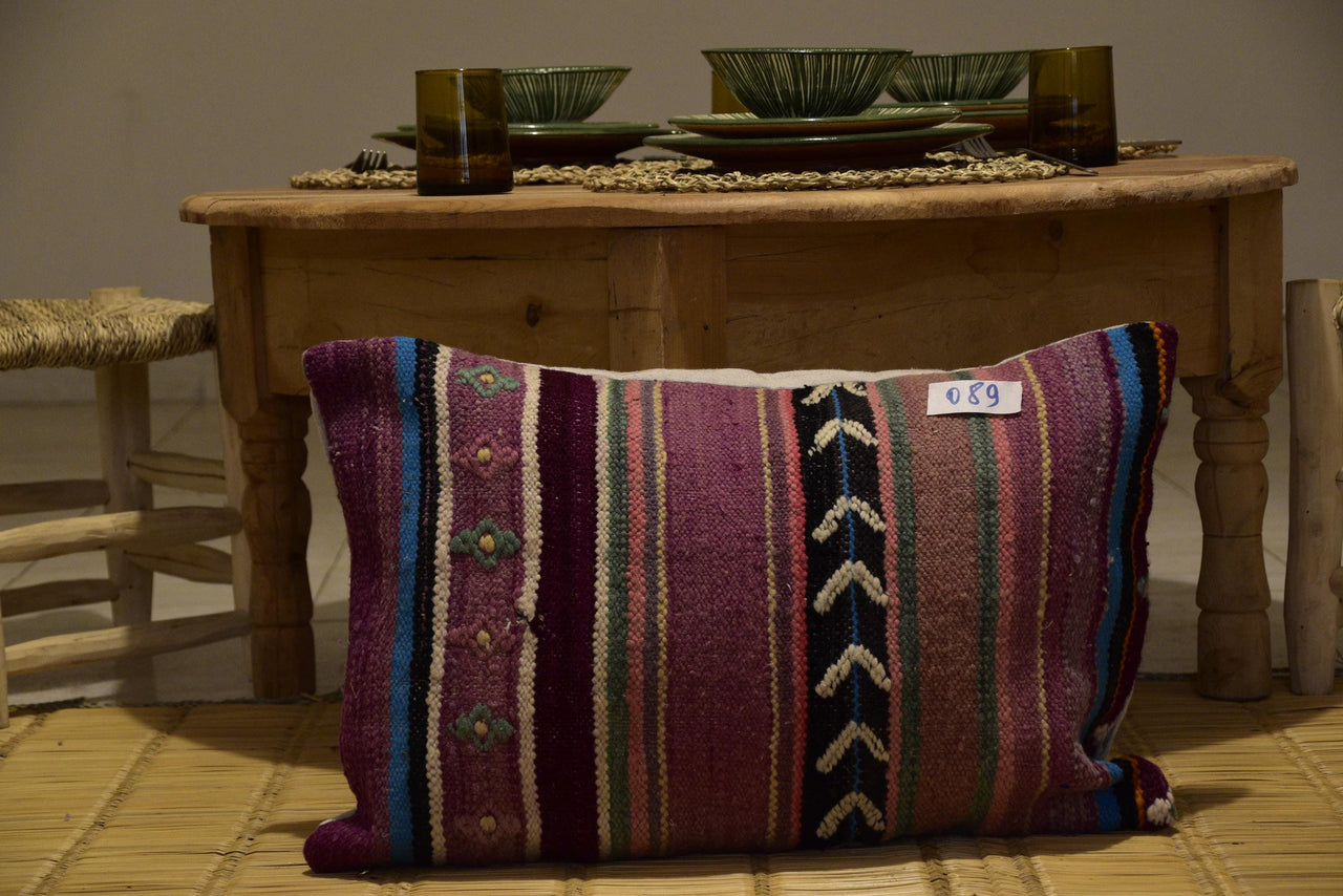 Two Handwoven Moroccan Wool Lumbar Pillow Cover, Earth Tone Kilim Accent Cushion Vintage