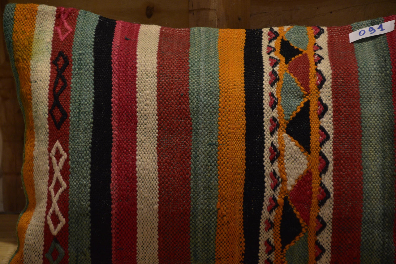 Two Hand-Woven Wool Kilim Lumbar Pillow, Geometric Berber Diamond Pattern, Boho Ethnic Decor Vintage