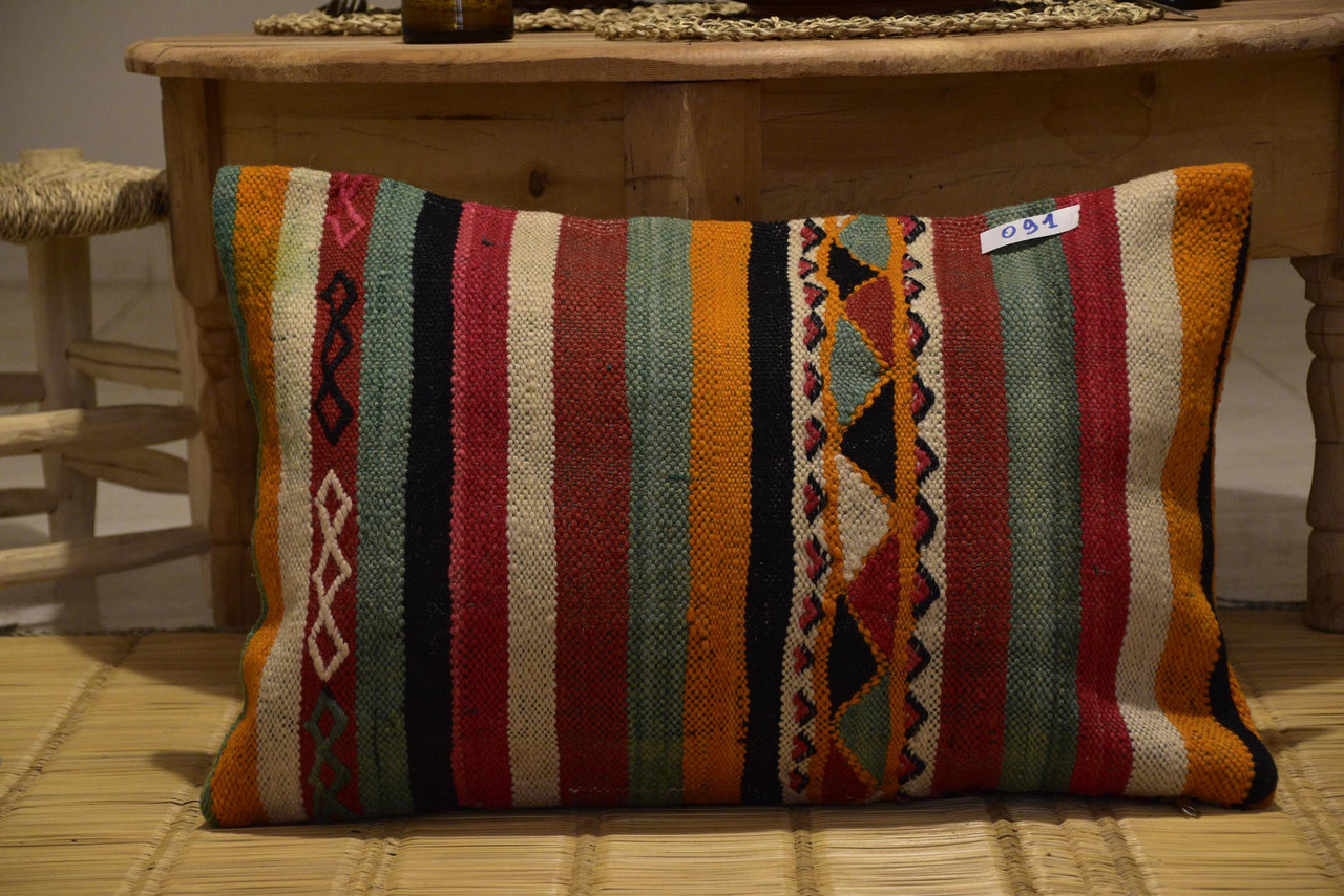 Two Hand-Woven Wool Kilim Lumbar Pillow, Geometric Berber Diamond Pattern, Boho Ethnic Decor Vintage