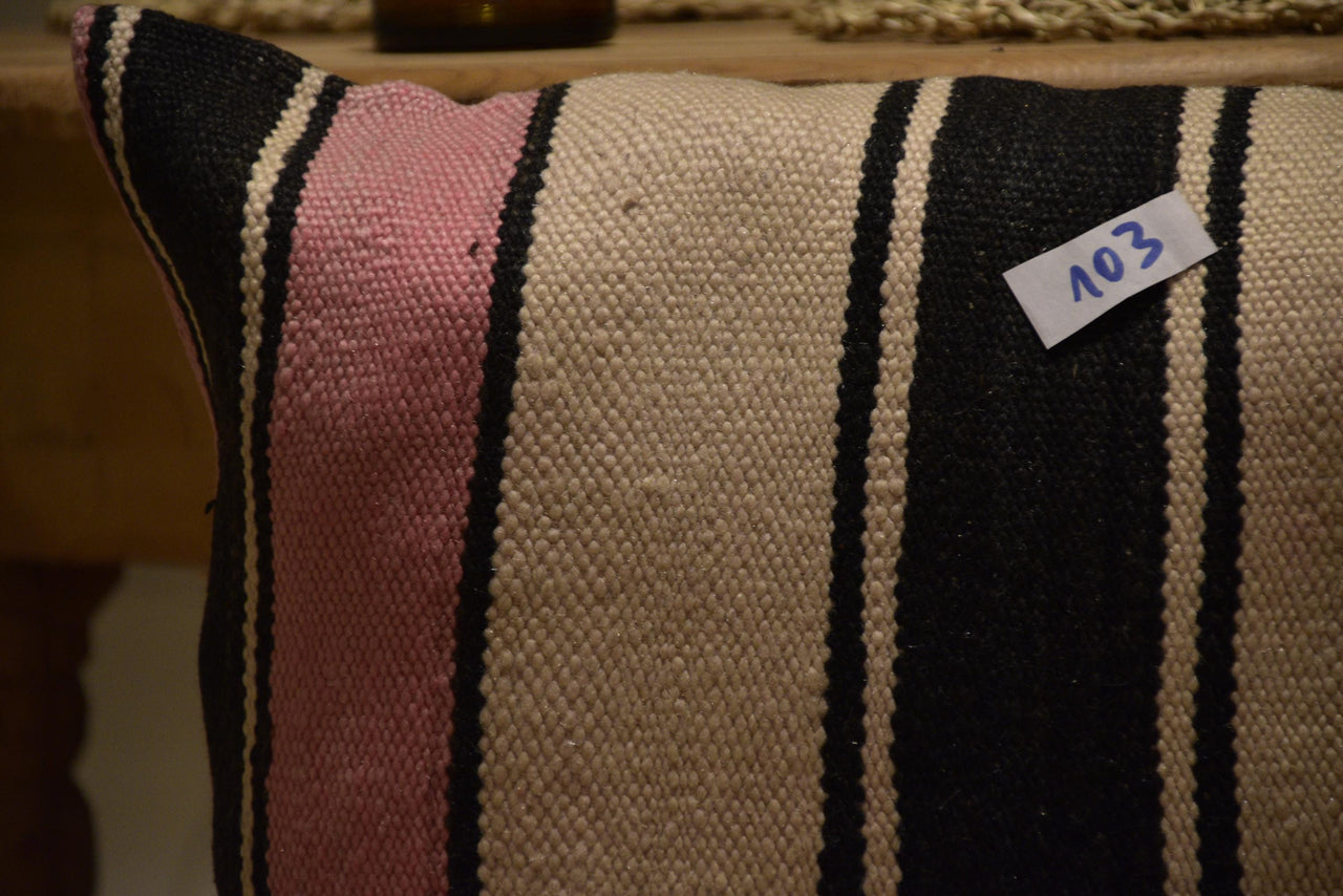 Two Hand-Woven Wool Lumbar Pillow, Geometric Berber Kilim Accent Cushion Vintage