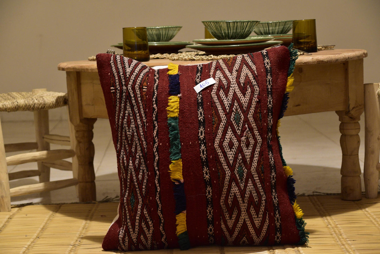 Two Hand-Woven Wool Kilim Lumbar Pillow, Geometric Berber Accent Cushion, Bohemian Decor Vintage