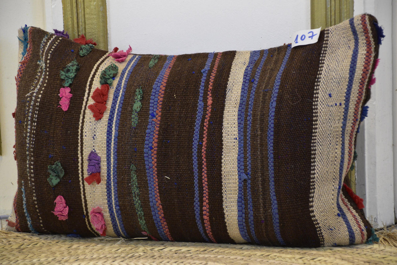 Two Handwoven Wool Kilim Lumbar Pillow, Geometric Berber Accent Cushion, Earth-Tone Boho Chic Vintage
