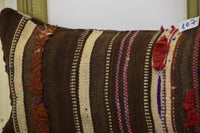 Two Handwoven Wool Kilim Lumbar Pillow, Geometric Berber Accent Cushion, Earth-Tone Boho Chic Vintage