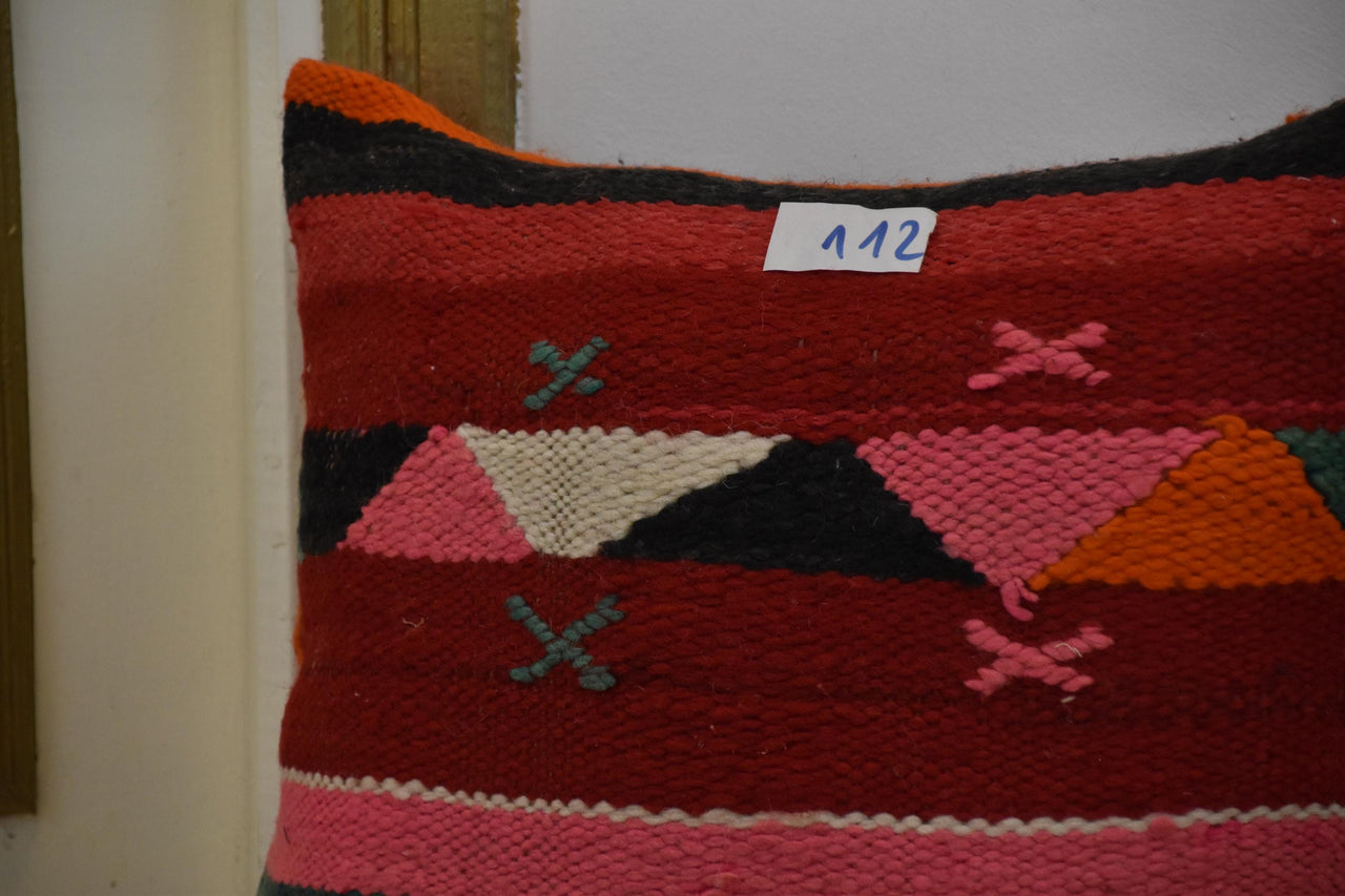 Two Handwoven Wool Kilim Lumbar Pillow, Geometric Berber Accent Cushion, Boho Chic Decor Vintage
