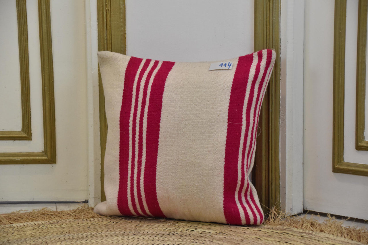Two Hand-Woven Wool Lumbar Pillow, Moroccan Kilim Accent Cushion, Boho Chic Decor Vintage