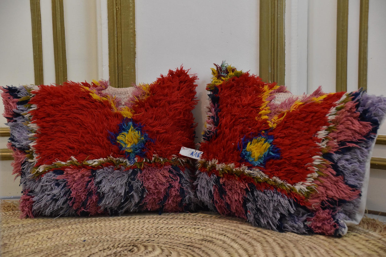 Two Hand-Woven Wool Lumbar Pillow, Geometric Berber Kilim Cushion, Boho Ethnic Home Accent Vintage