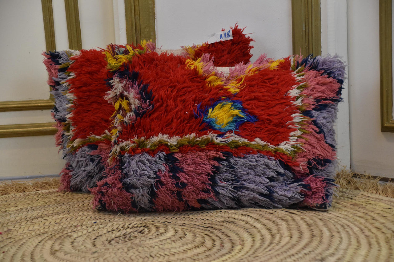 Two Hand-Woven Wool Lumbar Pillow, Geometric Berber Kilim Cushion, Boho Ethnic Home Accent Vintage
