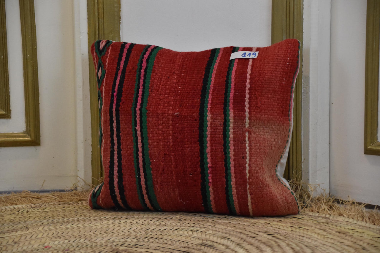 Two Hand-Woven Wool Kilim Lumbar Pillow, Geometric Berber Accent Cushion Vintage