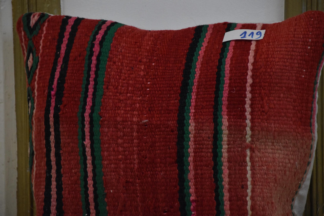 Two Hand-Woven Wool Kilim Lumbar Pillow, Geometric Berber Accent Cushion Vintage