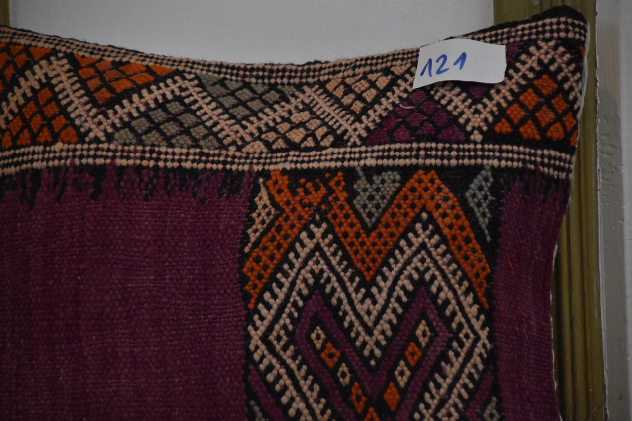 Two Hand-Woven Moroccan Kilim Pillow Cover, Deep Plum Orange Geometric Wool Cushion Vintage