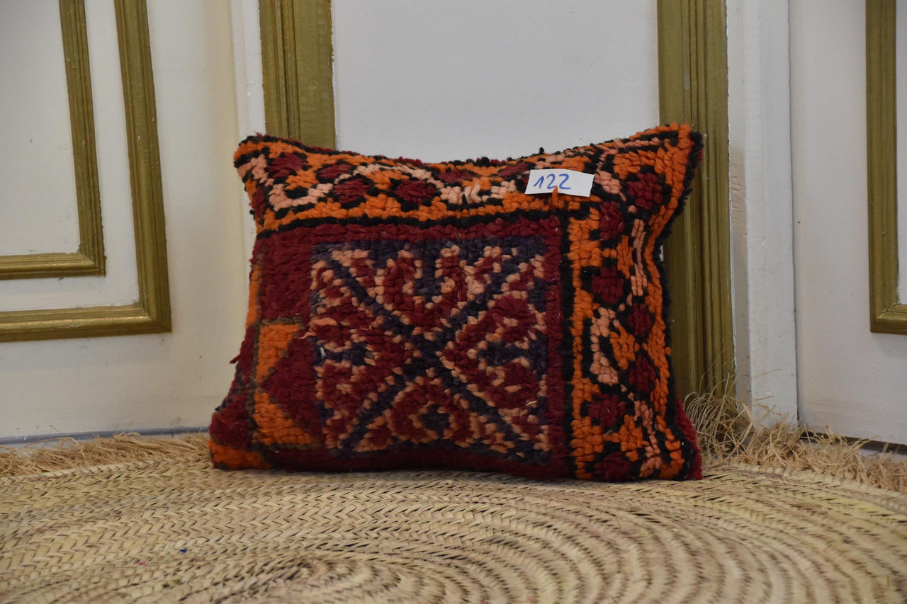 Two Hand-Woven Wool Berber Pillow, Terracotta Burgundy Kilim Tribal Boho Accent Vintage