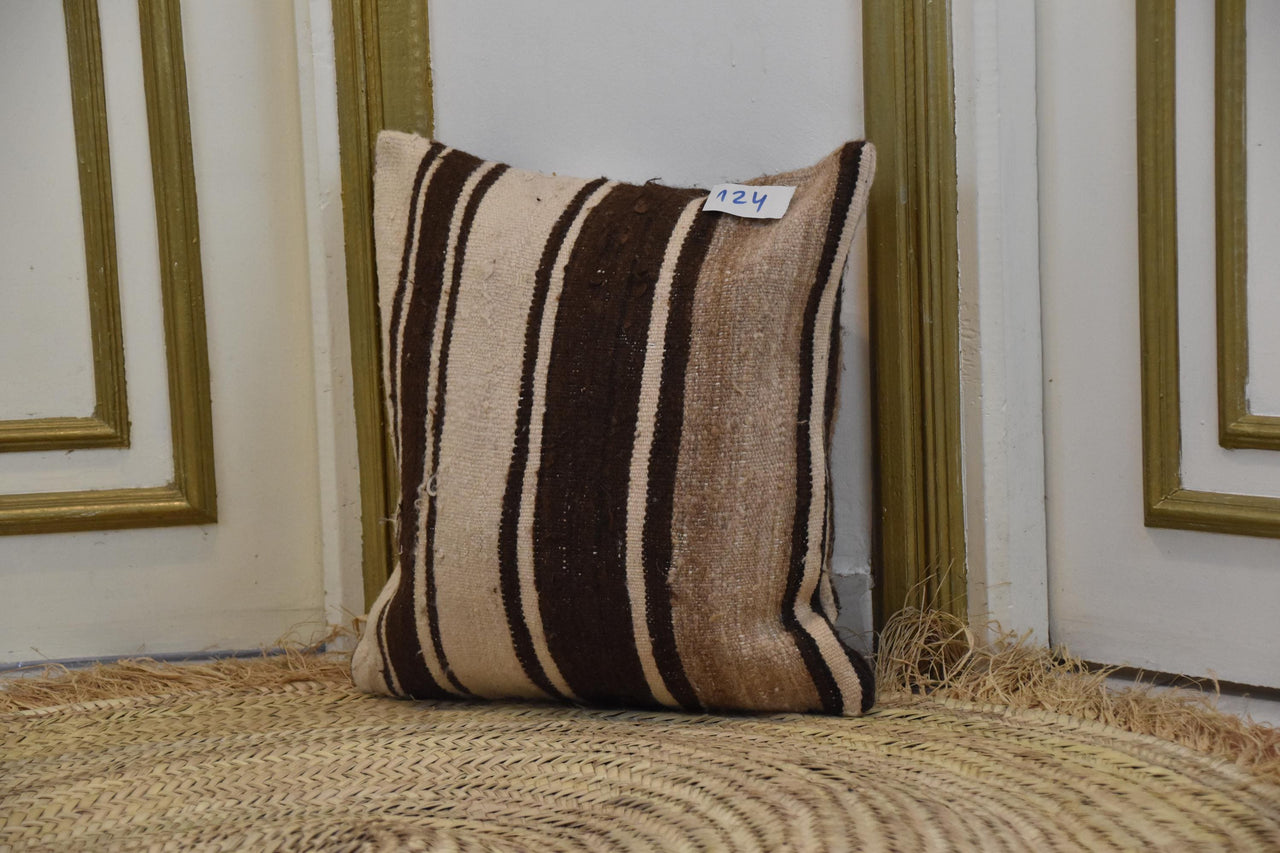 Two Hand-Woven Moroccan Wool Pillow, Earth-Tone Striped Kilim Cushion, Boho Decor Vintage