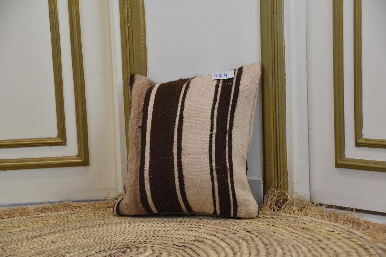 Two Hand-Woven Moroccan Wool Pillow, Earth-Tone Striped Kilim Cushion, Boho Decor Vintage