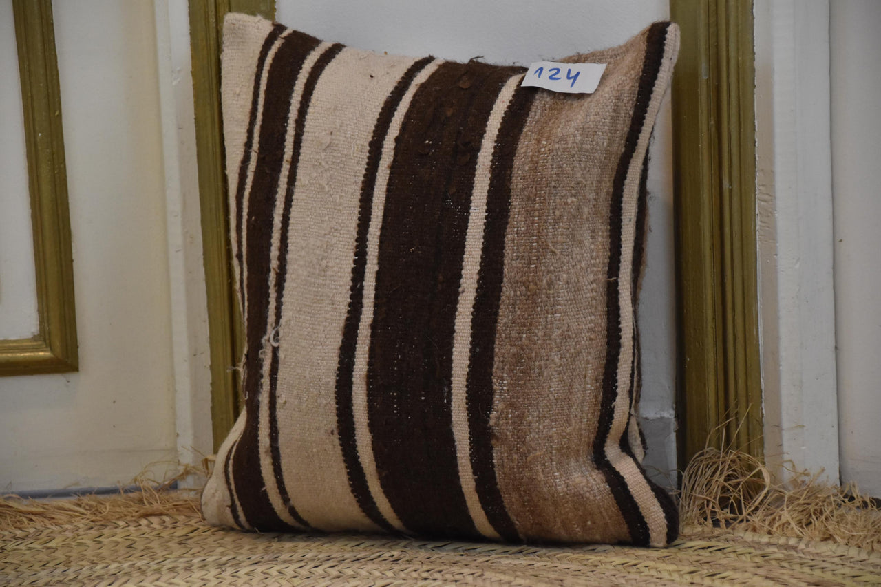 Two Hand-Woven Moroccan Wool Pillow, Earth-Tone Striped Kilim Cushion, Boho Decor Vintage