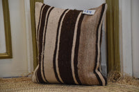 Two Hand-Woven Moroccan Wool Pillow, Earth-Tone Striped Kilim Cushion, Boho Decor Vintage