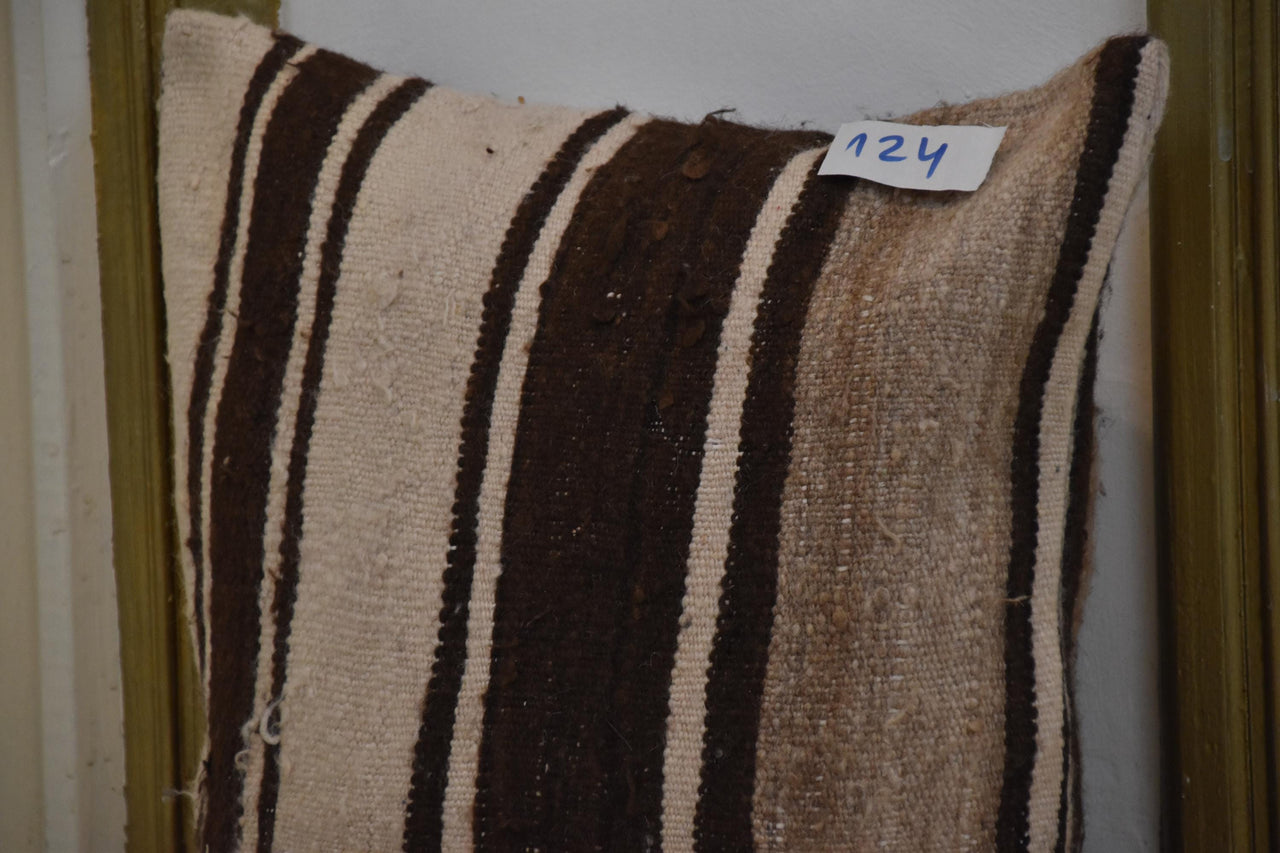 Two Hand-Woven Moroccan Wool Pillow, Earth-Tone Striped Kilim Cushion, Boho Decor Vintage
