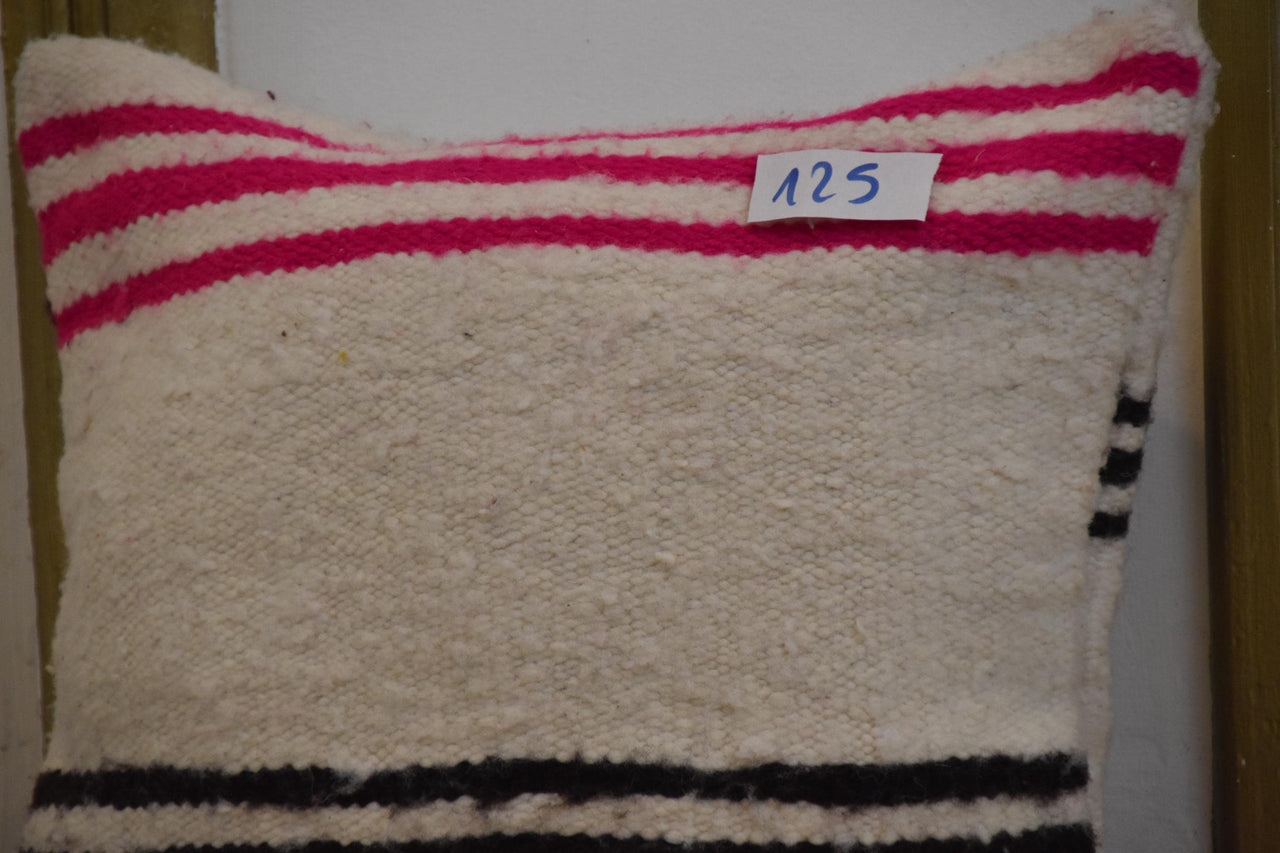 Two Hand-Woven Wool Pillow, Cream Black Hot Pink Stripes, Boho Berber Textile Cushion