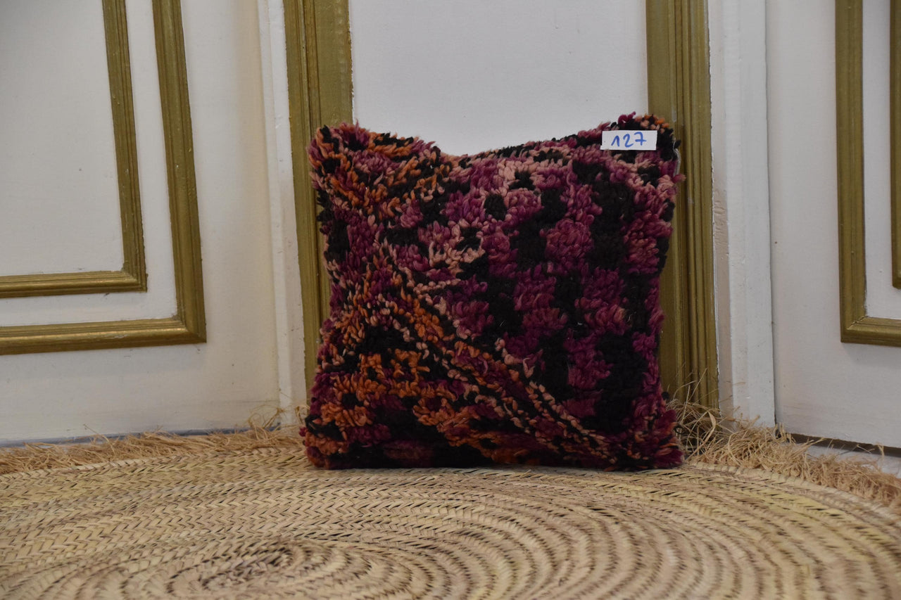 Two Hand-Knotted Wool Shag Pillow, Deep Berry Sunset Berber Decor Vintage