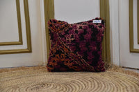 Two Hand-Knotted Wool Shag Pillow, Deep Berry Sunset Berber Decor Vintage
