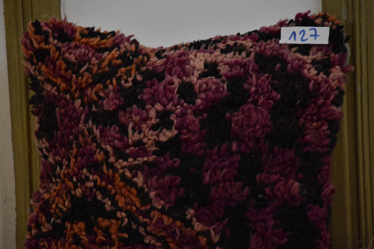 Two Hand-Knotted Wool Shag Pillow, Deep Berry Sunset Berber Decor Vintage
