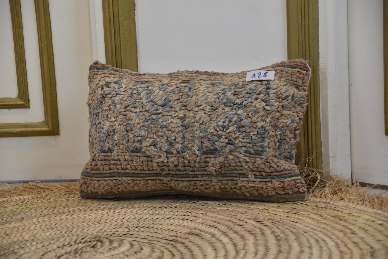 Two Vintage Hand-Knotted Wool Lumbar Pillow, Faded Indigo Shag Cushion Vintage
