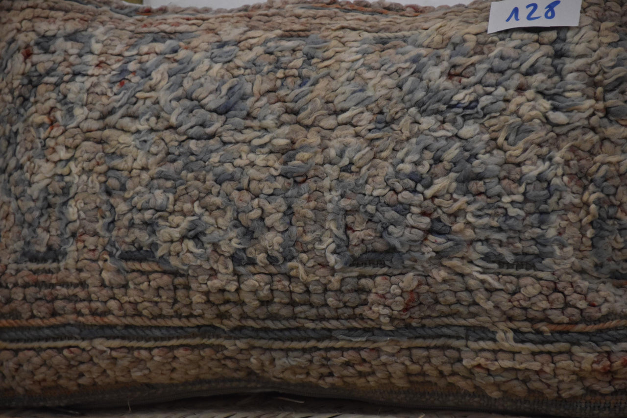 Two Vintage Hand-Knotted Wool Lumbar Pillow, Faded Indigo Shag Cushion Vintage