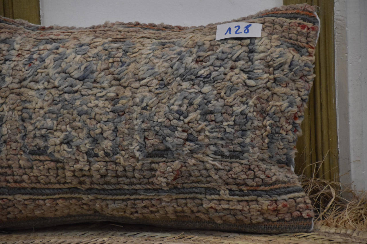Two Vintage Hand-Knotted Wool Lumbar Pillow, Faded Indigo Shag Cushion Vintage