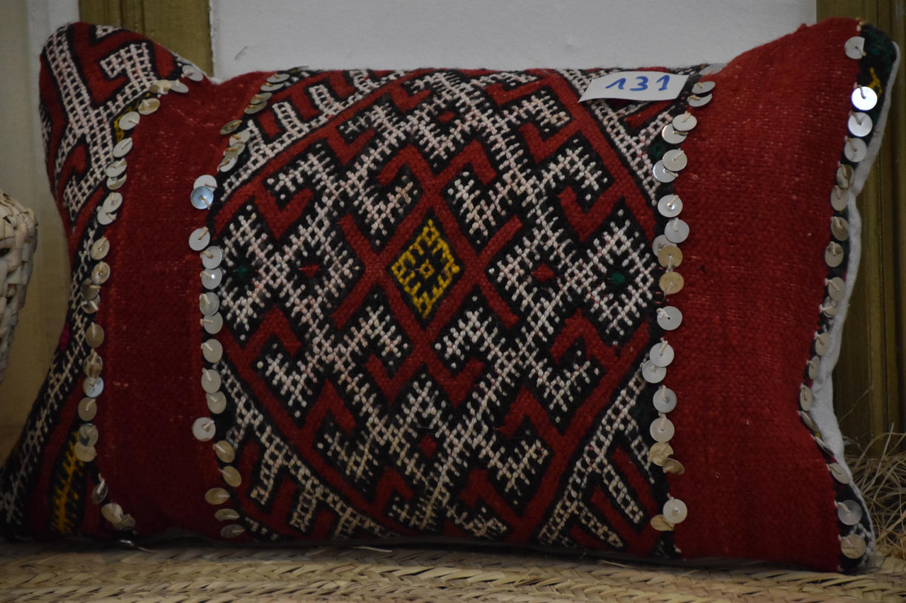 Two Hand-Woven Wool Lumbar Pillow, Red Tribal Geometric Sequins Decor Vintage