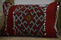 Two Hand-Woven Wool Lumbar Pillow, Red Tribal Geometric Sequins Decor Vintage