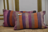 Two Vintage Moroccan Kilim Pillows, Hand-Woven Wool Striped Berber Cushions Vintage