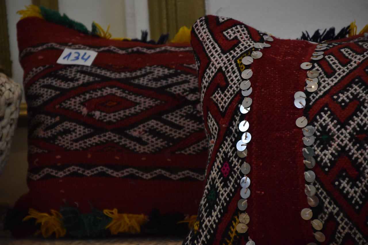 Two Vintage Moroccan Kilim Pillows, Hand-Woven Wool Tribal Cushions, Sequins & Tassels Vintage