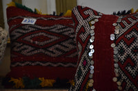 Two Vintage Moroccan Kilim Pillows, Hand-Woven Wool Tribal Cushions, Sequins & Tassels Vintage