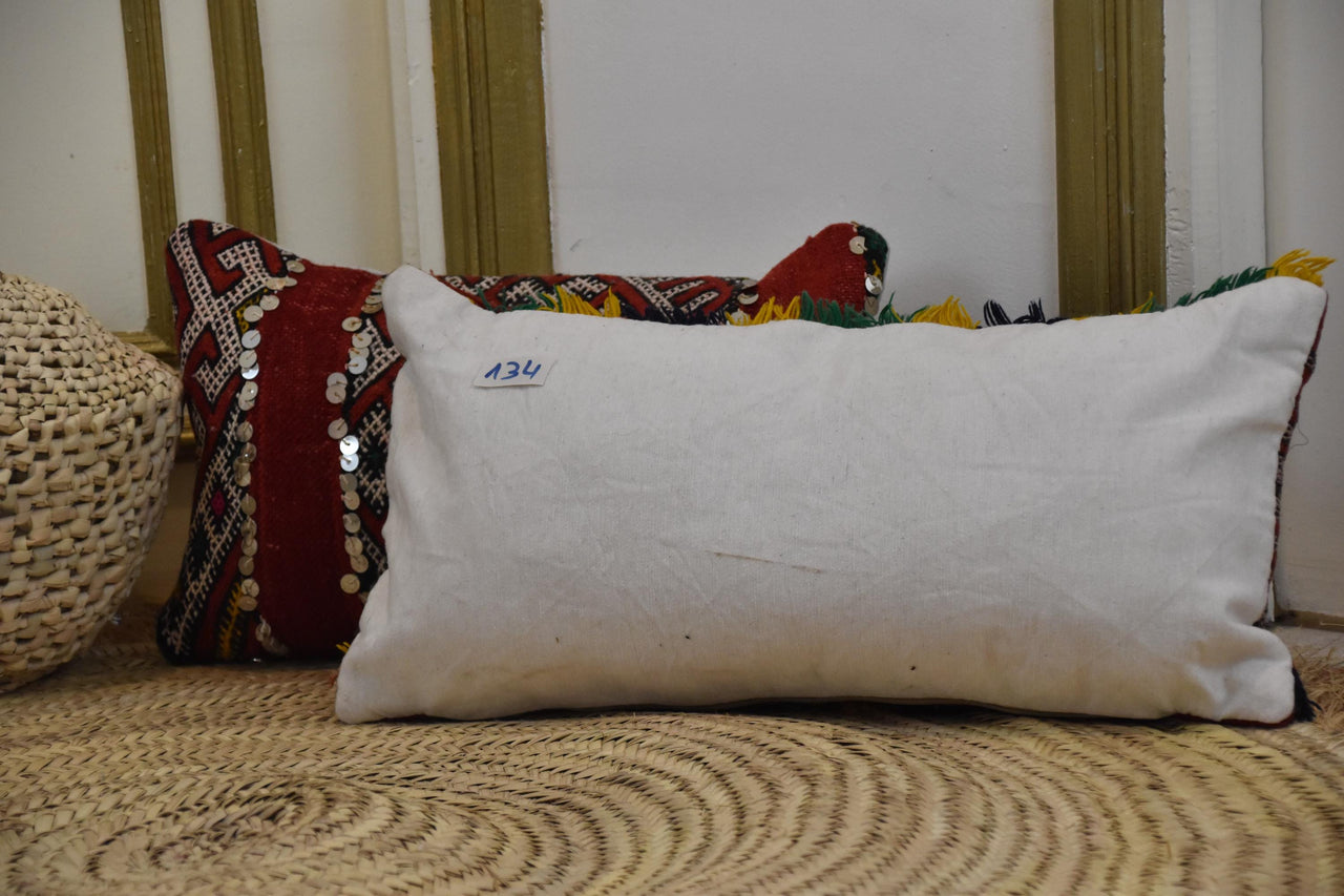 Two Vintage Moroccan Kilim Pillows, Hand-Woven Wool Tribal Cushions, Sequins & Tassels Vintage