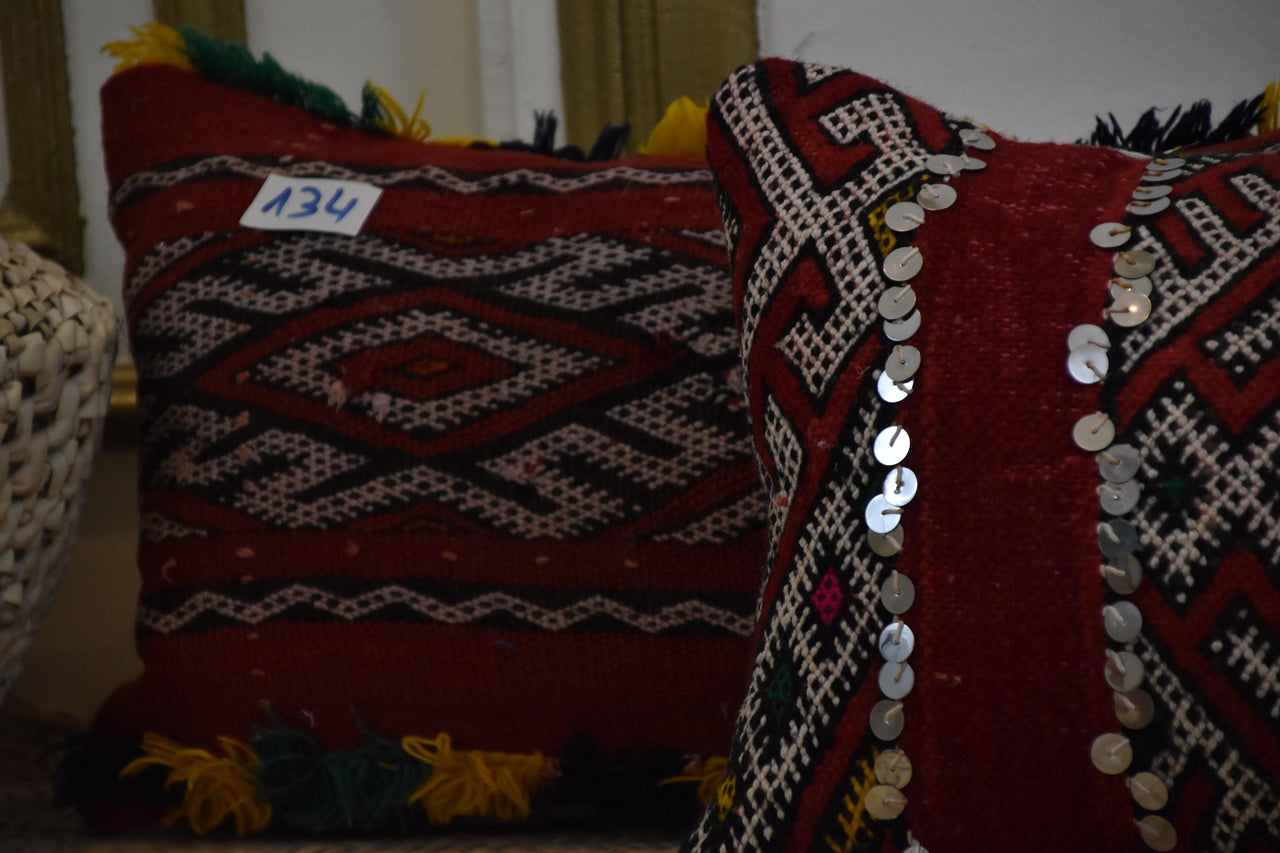 Two Vintage Moroccan Kilim Pillows, Hand-Woven Wool Tribal Cushions, Sequins & Tassels Vintage