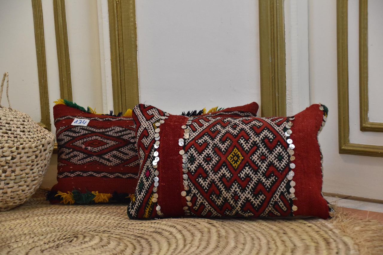 Two Vintage Moroccan Kilim Pillows, Hand-Woven Wool Tribal Cushions, Sequins & Tassels Vintage