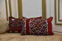 Two Vintage Moroccan Kilim Pillows, Hand-Woven Wool Tribal Cushions, Sequins & Tassels Vintage