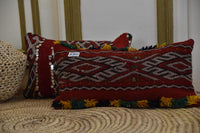 Two Vintage Moroccan Kilim Pillows, Hand-Woven Wool Tribal Cushions, Sequins & Tassels Vintage