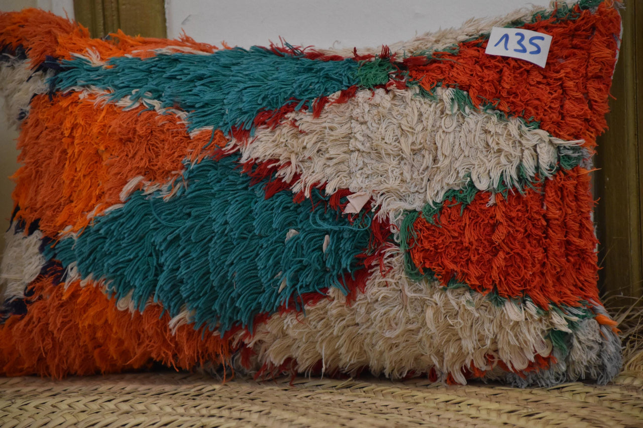 Two Hand-Woven Wool Shag Pillow, Vibrant Abstract Moroccan Berber Cushion Vintage