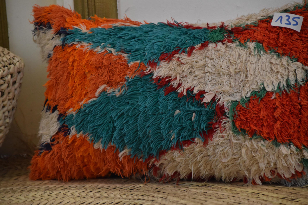 Two Hand-Woven Wool Shag Pillow, Vibrant Abstract Moroccan Berber Cushion Vintage
