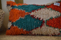Two Hand-Woven Wool Shag Pillow, Vibrant Abstract Moroccan Berber Cushion Vintage