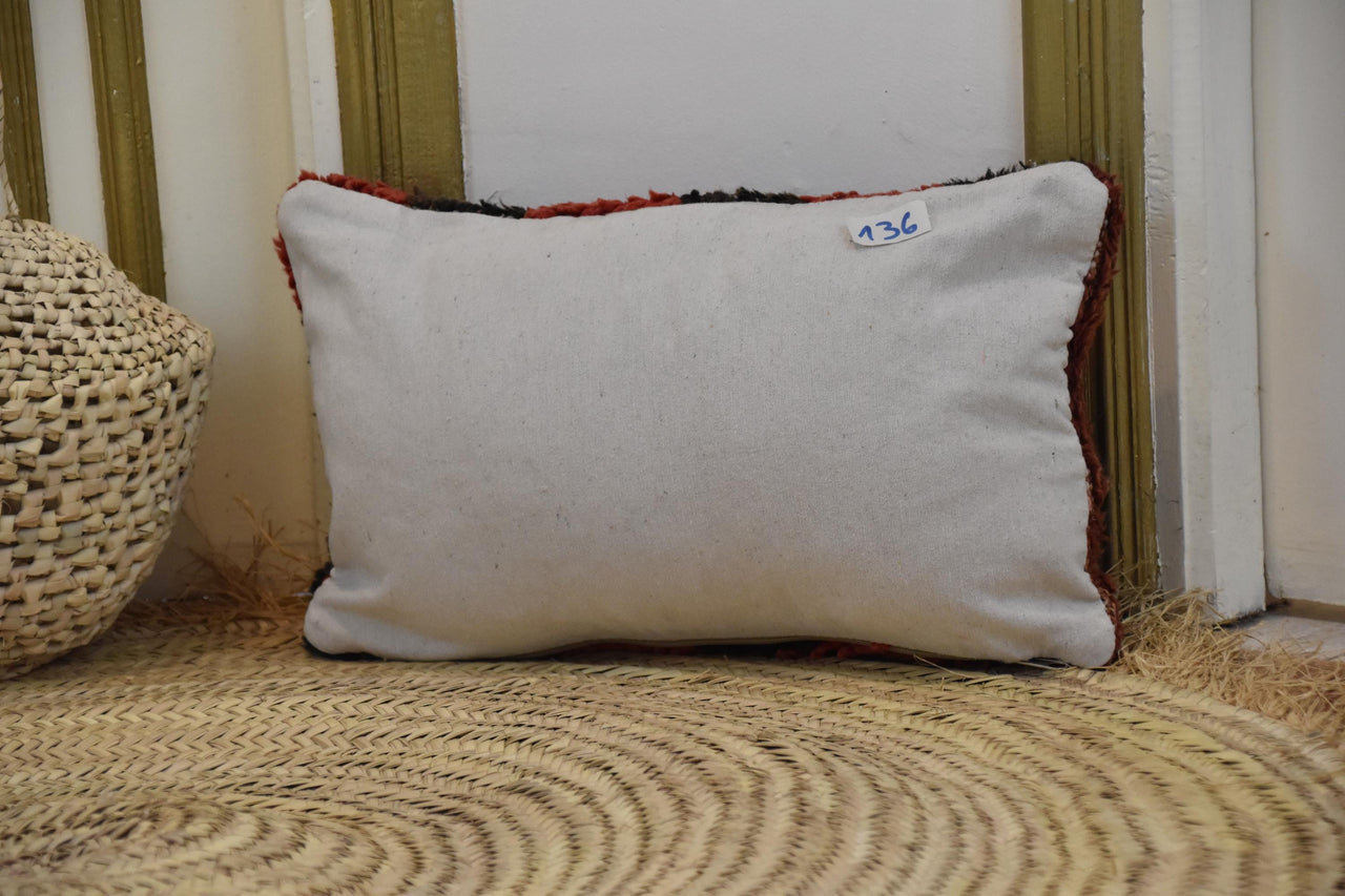 Two Vintage Moroccan Berber Checkered Pillow, Hand-Knotted Wool Lumbar Cushion, Red Black Tribal Decor