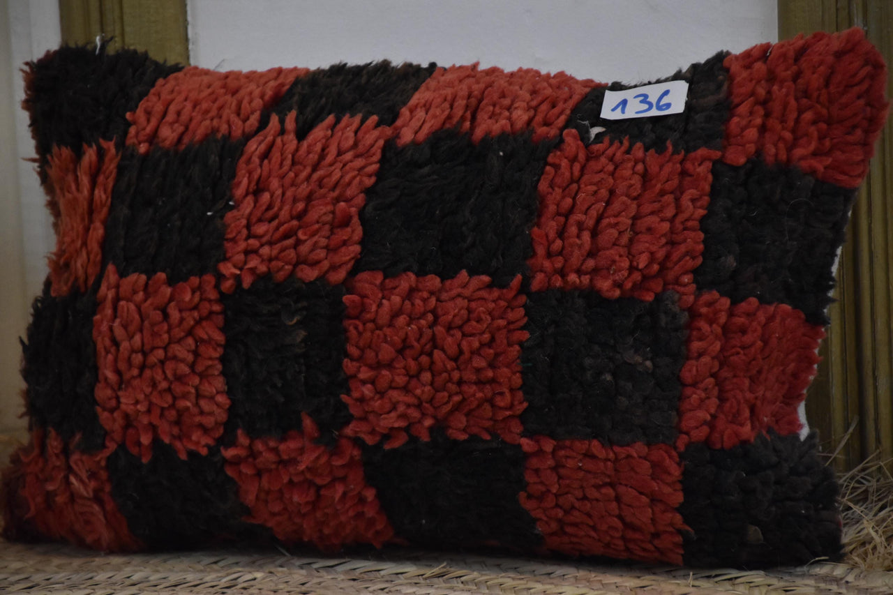 Two Vintage Moroccan Berber Checkered Pillow, Hand-Knotted Wool Lumbar Cushion, Red Black Tribal Decor