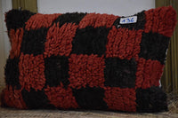 Two Vintage Moroccan Berber Checkered Pillow, Hand-Knotted Wool Lumbar Cushion, Red Black Tribal Decor
